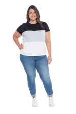 Curvy model facing camera wearing colour blocked, short sleeved tee. Colour block is black in top third, grey & white stripe in middle third, white in bottom third. Features rounded neckline. Jamie available in sizes 6-26