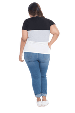 Curvy model facing the back wearing colour blocked, short sleeved tee. Features rounded neckline. Jamie available in sizes 6-26