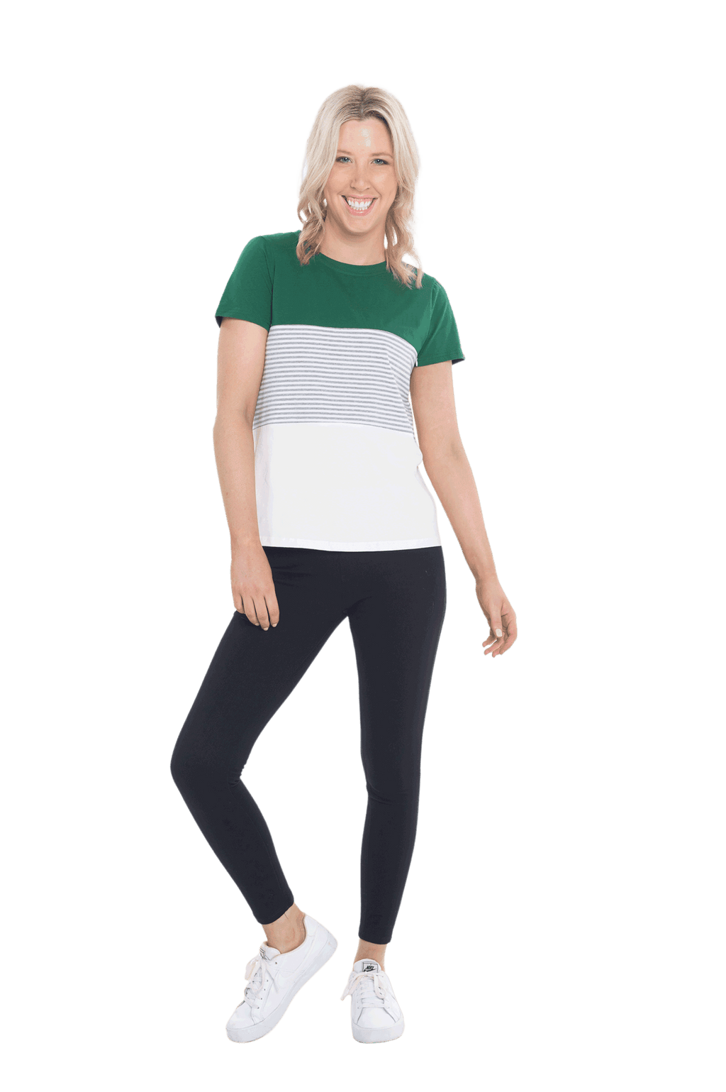 Petite model facing camera wearing colour blocked, short sleeved tee. Colour block is bottle green in top third, grey & white stripe in middle third, white in bottom third. Features rounded neckline. Jamie available in sizes 6-26