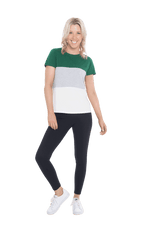 Petite model facing camera wearing colour blocked, short sleeved tee. Colour block is bottle green in top third, grey & white stripe in middle third, white in bottom third. Features rounded neckline. Jamie available in sizes 6-26