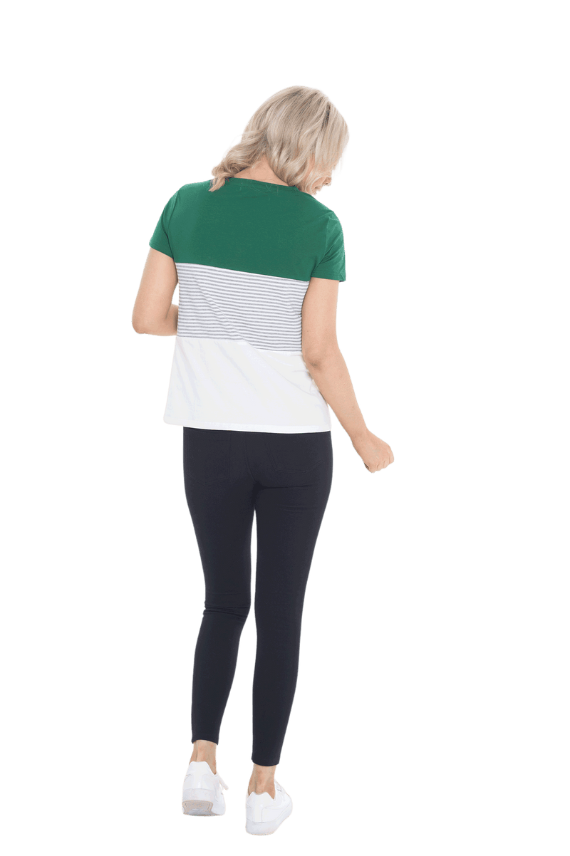 Petite model facing the back wearing colour blocked, short sleeved tee. Features rounded neckline. Jamie available in sizes 6-26