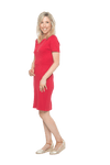Petite model facing the back wearing red dress, featuring rounded neckline, back zip and an elegant, fitted silhouette. Juliet available in sizes 6-18