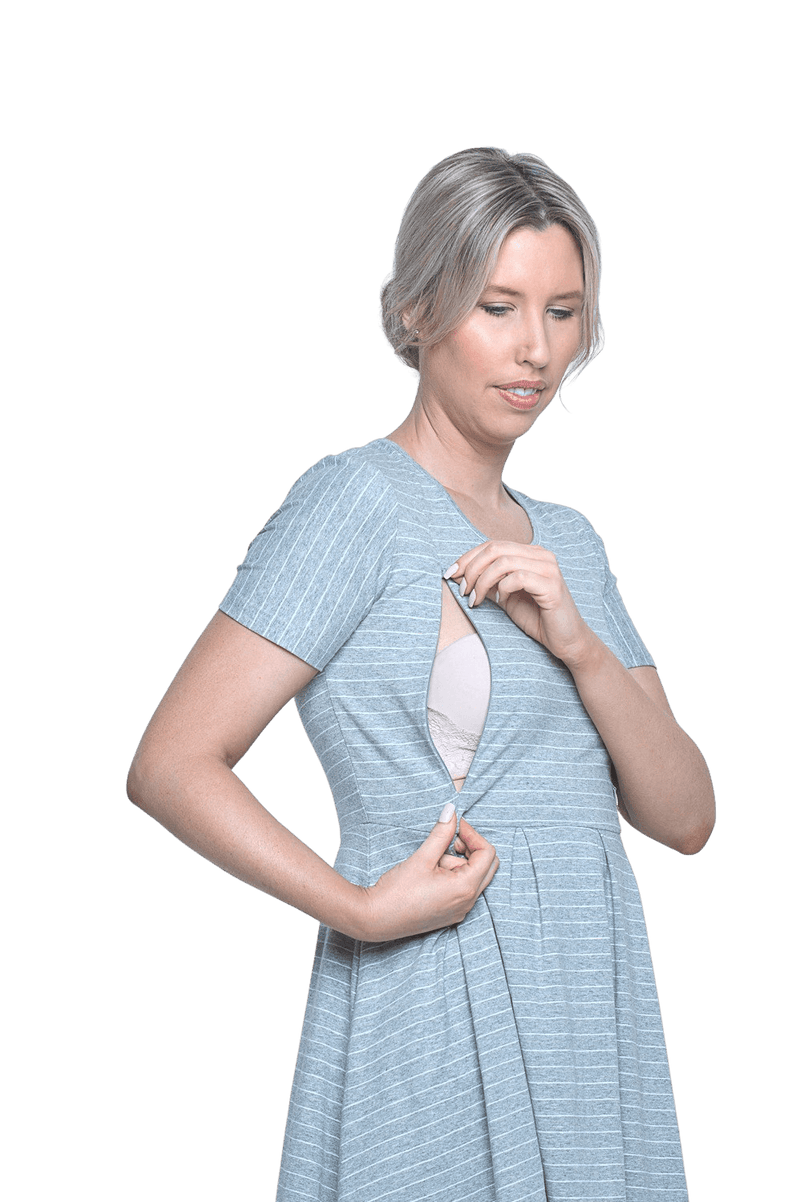 Model showing breastfeeding access, invisible vertical zips running from under bust to below collar bone. Kaitlyn available in sizes 6-26