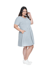 Curvy model facing the side wearing grey with white pin striped, knee length dress, featuring rounded neckline, fitted bodice, pleated A-line skirt and pockets. Kaitlyn available in sizes 6-26