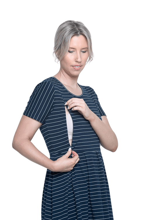 Model showing breastfeeding access, invisible vertical zips running from under bust to below collar bone. Kaitlyn available in sizes 6-26