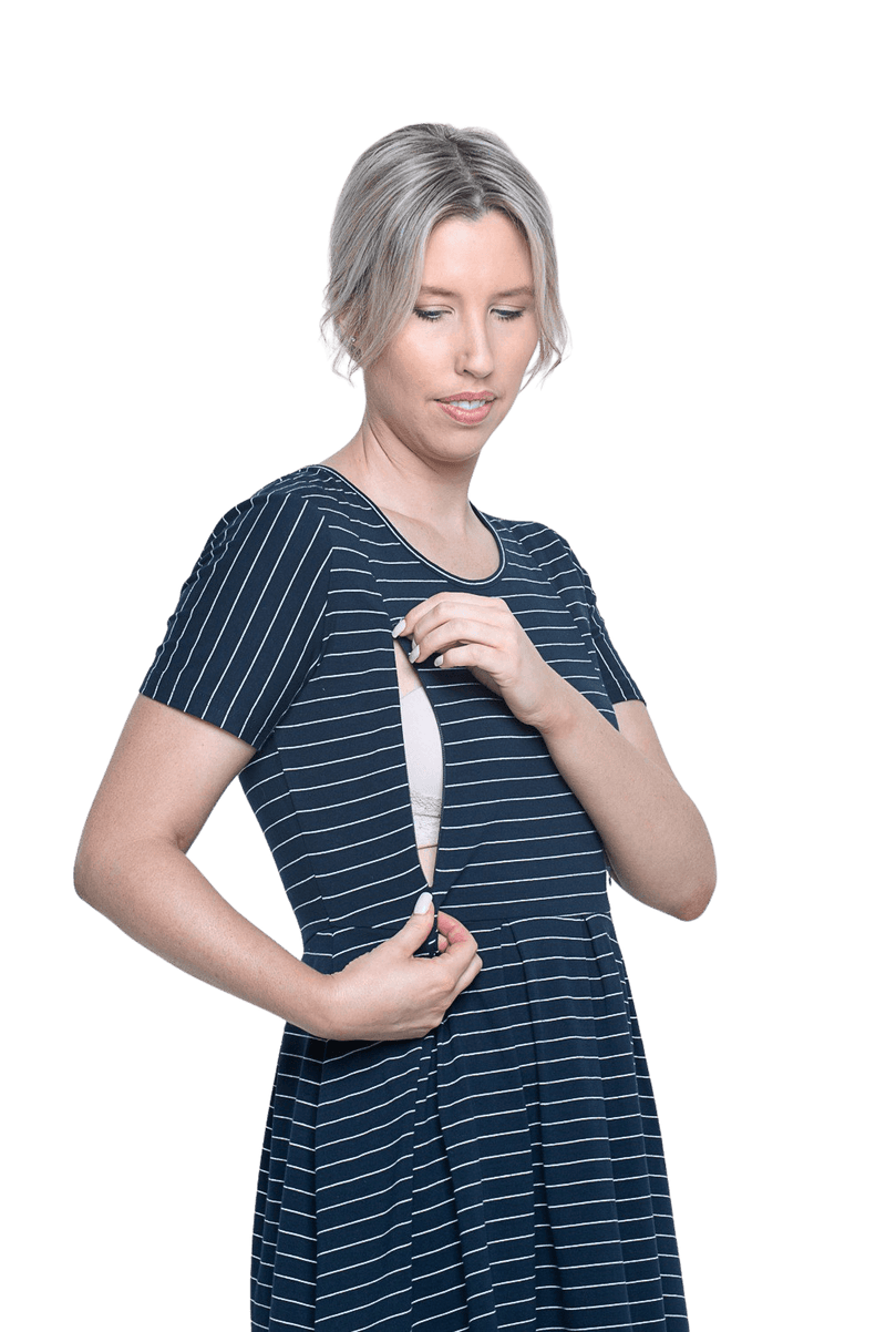 Model showing breastfeeding access, invisible vertical zips running from under bust to below collar bone. Kaitlyn available in sizes 6-26