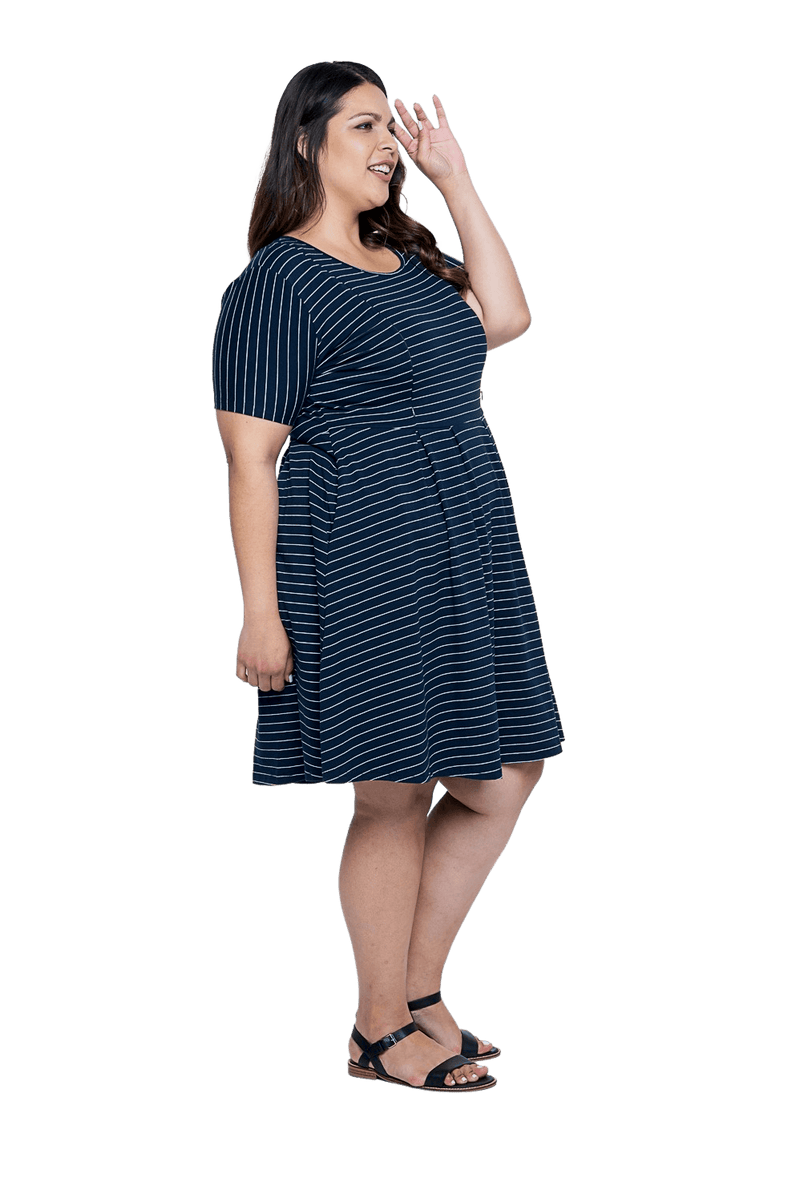 KAITLYN BREASTFEEDING DRESS WHITE NAVY STRIPE Mama Clothing