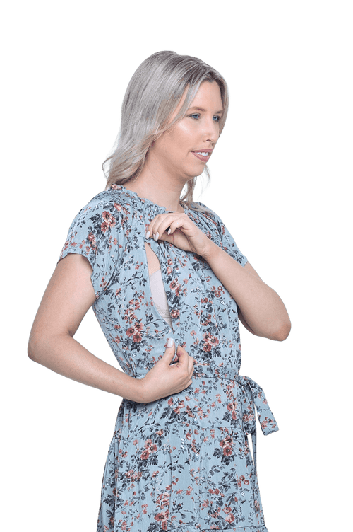 Model showing breastfeeding access, invisible vertical zips running from under bust to below collar bone. Kirsty available in sizes 6-26