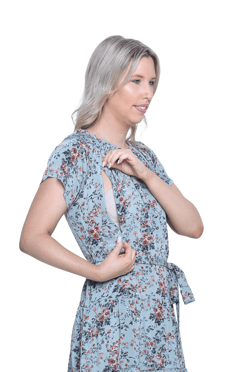 Model showing breastfeeding access, invisible vertical zips running from under bust to below collar bone. Kirsty available in sizes 6-26