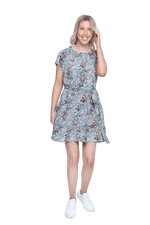 Petite model facing camera wearing dusty blue with small pink floral, knee-length dress, featuring pockets, a rounded, frilled neckline, and a tiered skirt. Kirsty available in sizes 6-26