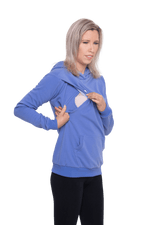 Model showing breastfeeding access, pull across from side opening and slide across panel underneath. Mama hoodie available in sizes 6-26