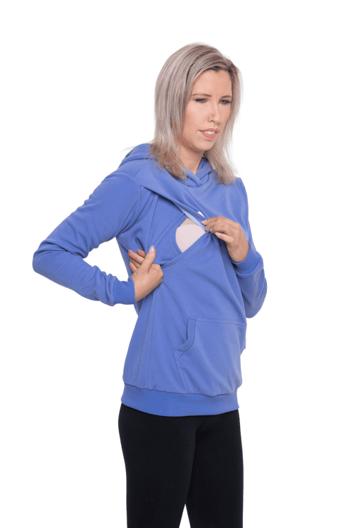 Model showing breastfeeding access, pull across from side opening and slide across panel underneath. Mama hoodie available in sizes 6-26