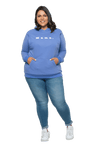 Curvy model facing camera wearing cornflour blue hoodie, featuring front pocket, and white Mama print across the chest. Mama hoodie available in sizes 6-26