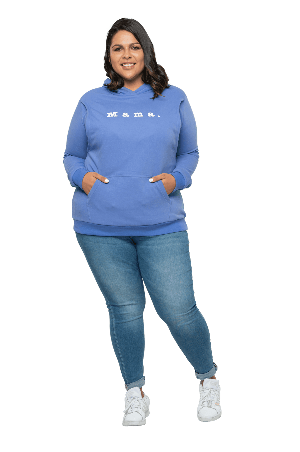 Curvy model facing camera wearing cornflour blue hoodie, featuring front pocket, and white Mama print across the chest. Mama hoodie available in sizes 6-26