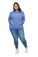Curvy model facing camera wearing cornflour blue hoodie, featuring front pocket, and white Mama print across the chest. Mama hoodie available in sizes 6-26