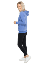 Curvy model facing the side wearing cornflour blue hoodie, featuring front pocket, and white Mama print across the chest. Mama hoodie available in sizes 6-26