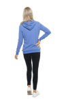 Petite model facing the back wearing cornflour blue hoodie, featuring front pocket, and white Mama print across the chest. Mama hoodie available in sizes 6-26