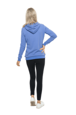 Petite model facing the back wearing cornflour blue hoodie, featuring front pocket, and white Mama print across the chest. Mama hoodie available in sizes 6-26