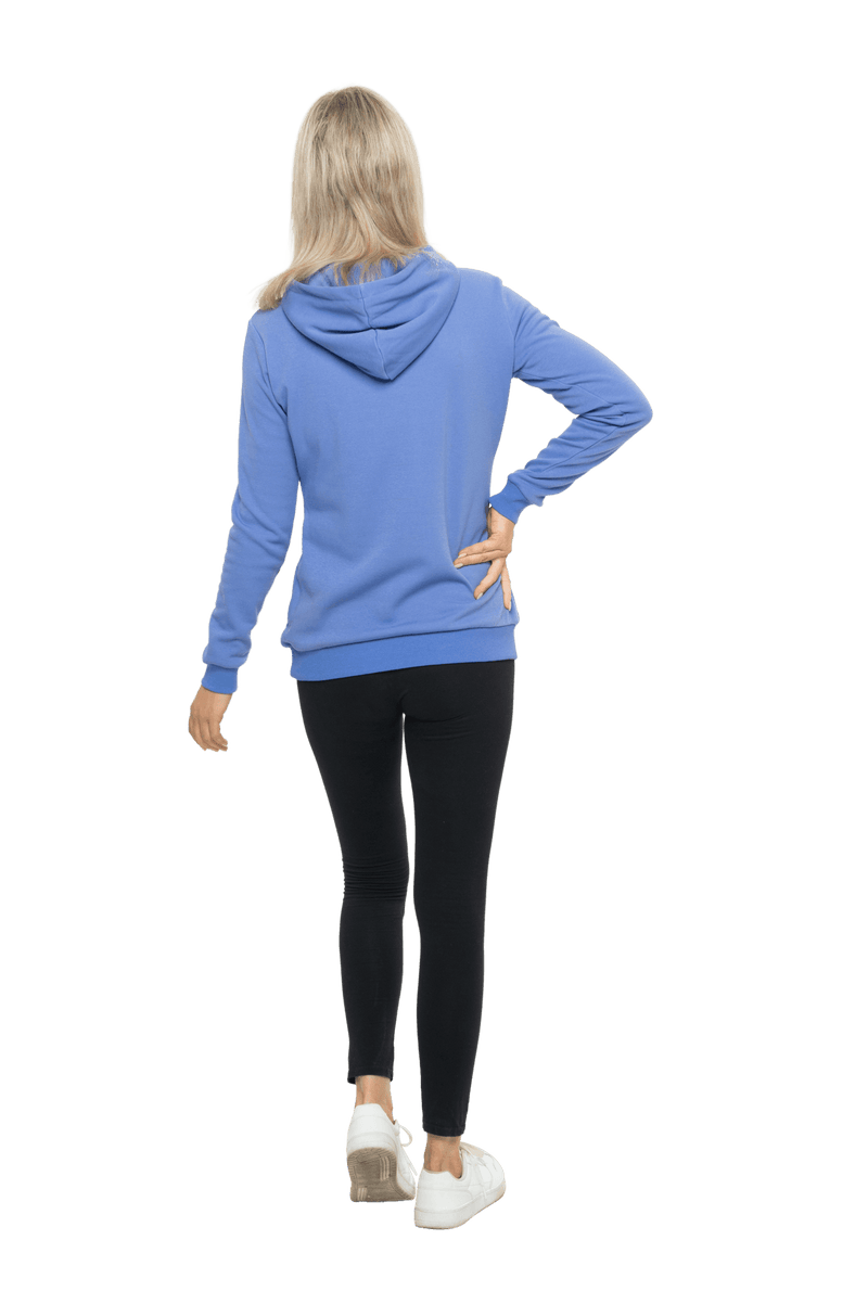 Petite model facing the back wearing cornflour blue hoodie, featuring front pocket, and white Mama print across the chest. Mama hoodie available in sizes 6-26