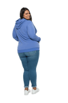 Curvy model facing the back looking over her shoulder wearing cornflour blue hoodie, featuring front pocket, and white Mama print across the chest. Mama hoodie available in sizes 6-26