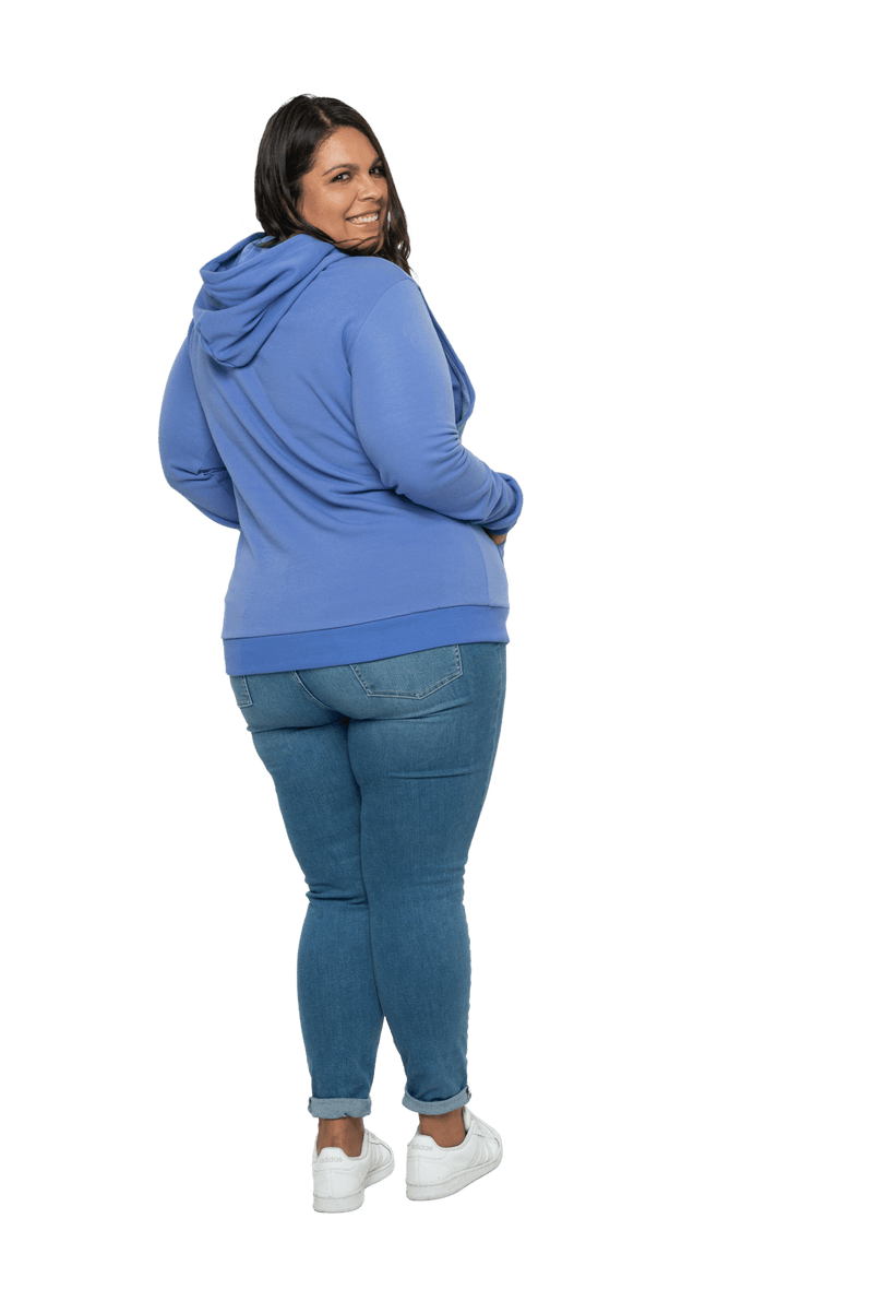 Curvy model facing the back looking over her shoulder wearing cornflour blue hoodie, featuring front pocket, and white Mama print across the chest. Mama hoodie available in sizes 6-26