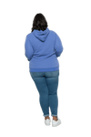 Curvy model facing the back wearing cornflour blue hoodie, featuring front pocket, and white Mama print across the chest. Mama hoodie available in sizes 6-26