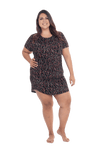 Curvy model facing camera wearing black with small red rose patterned mid thigh length nightie, featuring rounded neckline, scooped hemline with short sleeves. Penny available in sizes 6-18