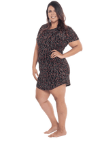 Curvy model facing the side wearing black with small red rose patterned mid thigh length nightie, featuring rounded neckline, scooped hemline with short sleeves. Penny available in sizes 6-18