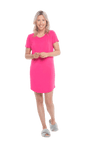 Blonde model facing camera wearing hot pink mid thigh length nightie, featuring rounded neckline, scooped hemline with short sleeves. Penny available in sizes 6-18