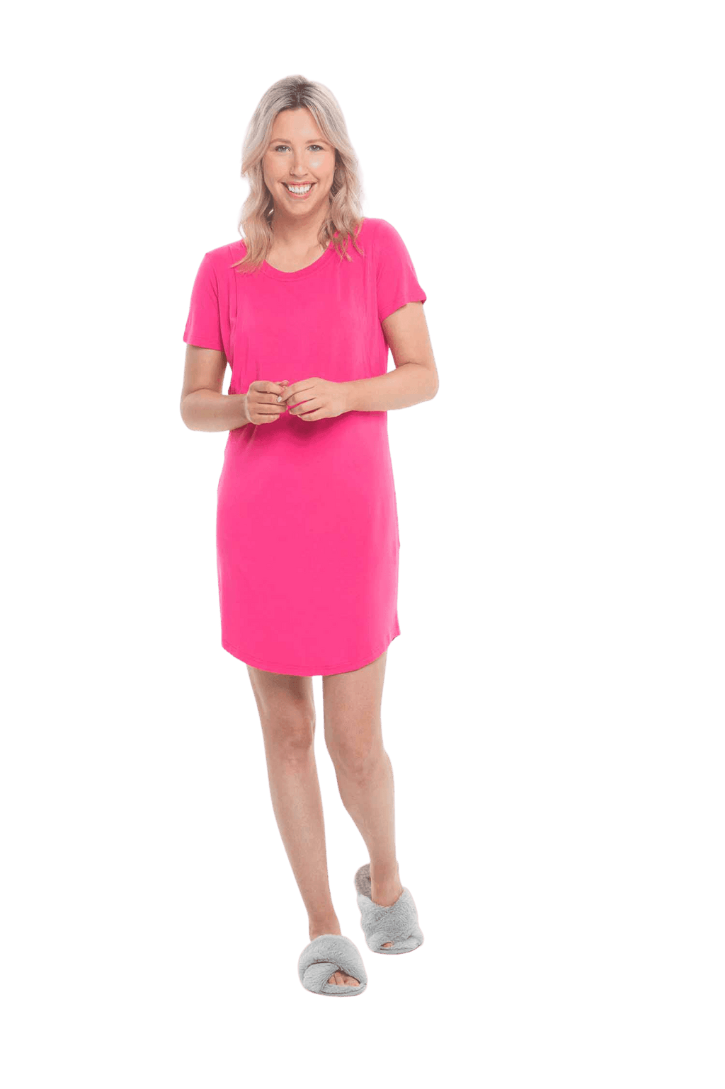 Blonde model facing camera wearing hot pink mid thigh length nightie, featuring rounded neckline, scooped hemline with short sleeves. Penny available in sizes 6-18