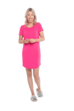 Blonde model facing camera wearing hot pink mid thigh length nightie, featuring rounded neckline, scooped hemline with short sleeves. Penny available in sizes 6-18