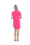 Blonde model facing the back wearing hot pink mid thigh length nightie, featuring rounded neckline, scooped hemline with short sleeves. Penny available in sizes 6-18