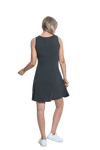 Petite model facing the back wearing charcoal grey mid thigh length dress, featuring rounded neckline, pockets and a waist sash tied at the front. Peyton available in sizes 6-26