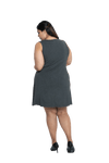 Curvy model facing the back wearing charcoal grey mid thigh length dress, featuring rounded neckline, pockets and a waist sash tied at the front. Peyton available in sizes 6-26