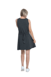 Petite model facing the back wearing charcoal grey mid thigh length dress, featuring rounded neckline, pockets and a waist sash tied at the back. Peyton available in sizes 6-26