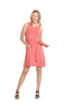 Petite model facing camera wearing dusty pink mid thigh length dress, featuring rounded neckline, pockets and a waist sash tied at the front. Peyton available in sizes 6-26