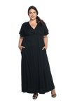 Curvy model facing camera wearing black maxi dress, featuring crossover V-neck, double layer detailed sleeves, pockets and a beautiful Grecian flowing silhouette. Phoebe available in sizes 6-26