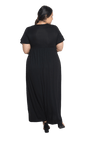 Curvy model facing the back wearing black maxi dress, featuring crossover V-neck, double layer detailed sleeves, pockets and a beautiful Grecian flowing silhouette. Phoebe available in sizes 6-26