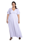 Curvy model facing camera wearing lilac maxi dress, featuring crossover V-neck, double layer detailed sleeves, pockets and a beautiful Grecian flowing silhouette. Phoebe available in sizes 6-26