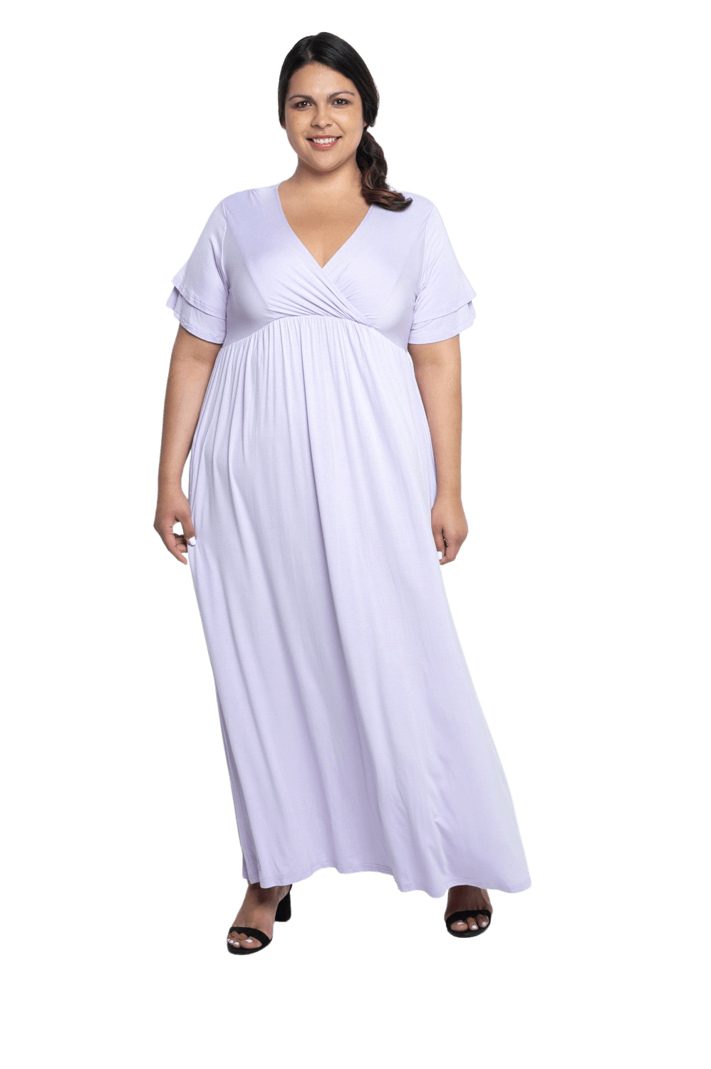 Curvy model facing camera wearing lilac maxi dress, featuring crossover V-neck, double layer detailed sleeves, pockets and a beautiful Grecian flowing silhouette. Phoebe available in sizes 6-26