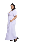 Curvy model facing the side wearing lilac maxi dress, featuring crossover V-neck, double layer detailed sleeves, pockets and a beautiful Grecian flowing silhouette. Phoebe available in sizes 6-26