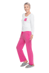 Petite model facing the side wearing long sleeved pyjamas with pants. Top is white with contrast breast pocket matching pants. Pants are hot pink and white stripe, featuring pockets, and elasticated waist with pull tie. Piper available in sizes 6-18