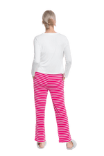 Petite model facing the back wearing long sleeved pyjamas with pants. Top is white with contrast breast pocket matching pants. Pants are hot pink and white stripe, featuring pockets, and elasticated waist with pull tie. Piper available in sizes 6-18