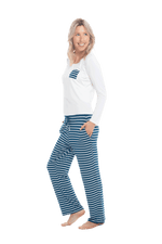 Petite model facing the side wearing long sleeved pyjamas with pants. Top is white with contrast breast pocket matching pants. Pants are teal and white stripe, featuring pockets, and elasticated waist with pull tie. Piper available in sizes 6-18