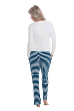 Petite model facing the back wearing long sleeved pyjamas with pants. Top is white with contrast breast pocket matching pants. Pants are teal and white stripe, featuring pockets, and elasticated waist with pull tie. Piper available in sizes 6-18