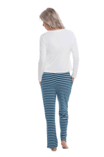 Petite model facing the back wearing long sleeved pyjamas with pants. Top is white with contrast breast pocket matching pants. Pants are teal and white stripe, featuring pockets, and elasticated waist with pull tie. Piper available in sizes 6-18