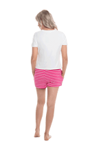 Petite model facing the back wearing long sleeved pyjamas with pants. Top is white with contrast breast pocket matching pants. Pants are hot pink and white stripe, featuring pockets, and elasticated waist with pull tie. Piper available in sizes 6-18