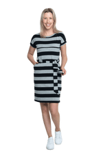 Petite model facing camera wearing charcoal grey and black striped t-shirt dress, featuring rounded neckline, pockets, belt feature, and capped sleeves. Quinn available in sizes 6-26