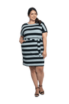 Curvy model facing camera wearing charcoal grey and black striped t-shirt dress, featuring rounded neckline, pockets, belt feature, and capped sleeves. Quinn available in sizes 6-26
