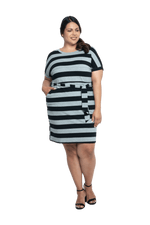 Curvy model facing camera wearing charcoal grey and black striped t-shirt dress, featuring rounded neckline, pockets, belt feature, and capped sleeves. Quinn available in sizes 6-26